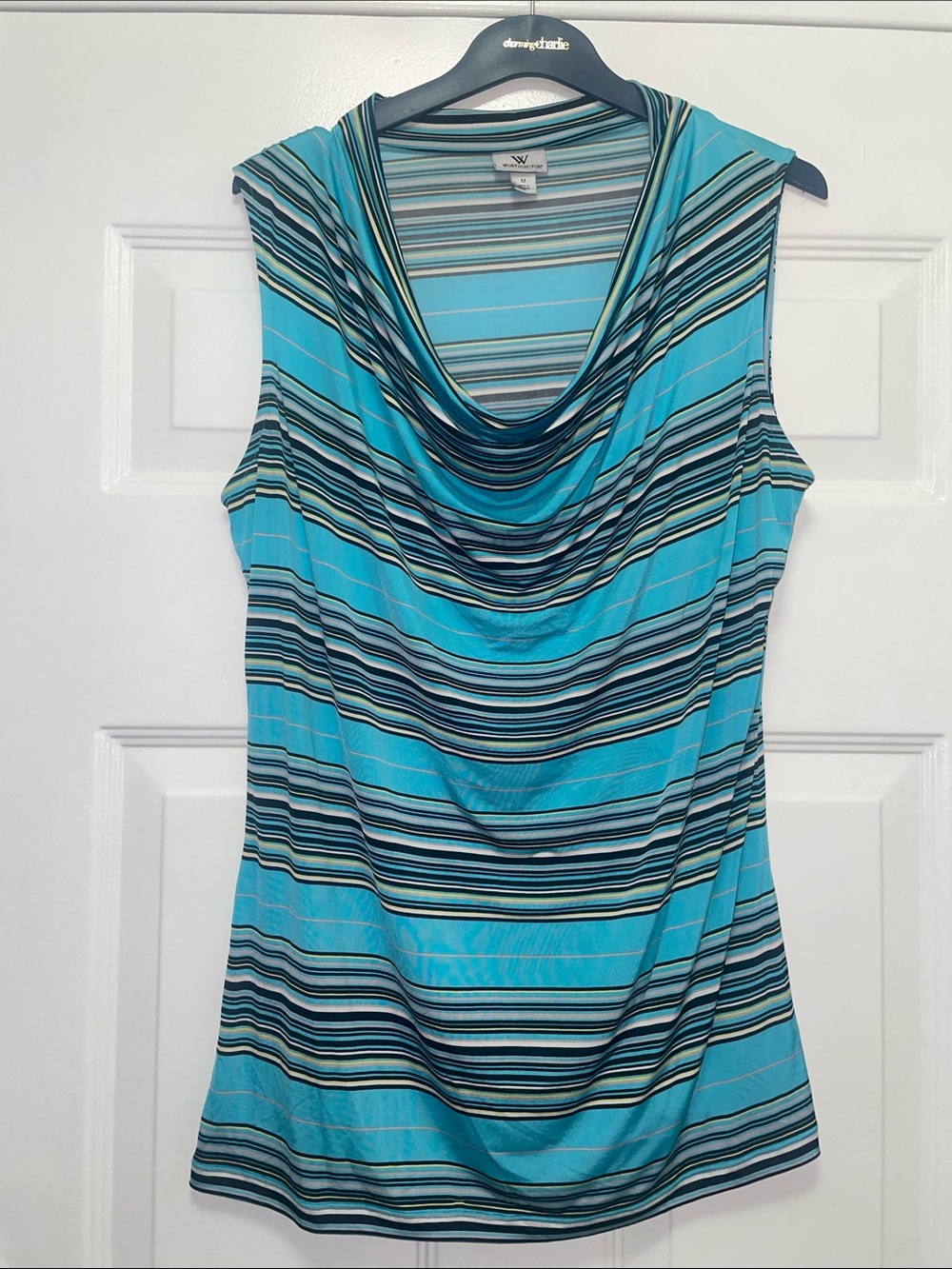 Worthington Blue Striped Sleeveless Cowl Neck Top